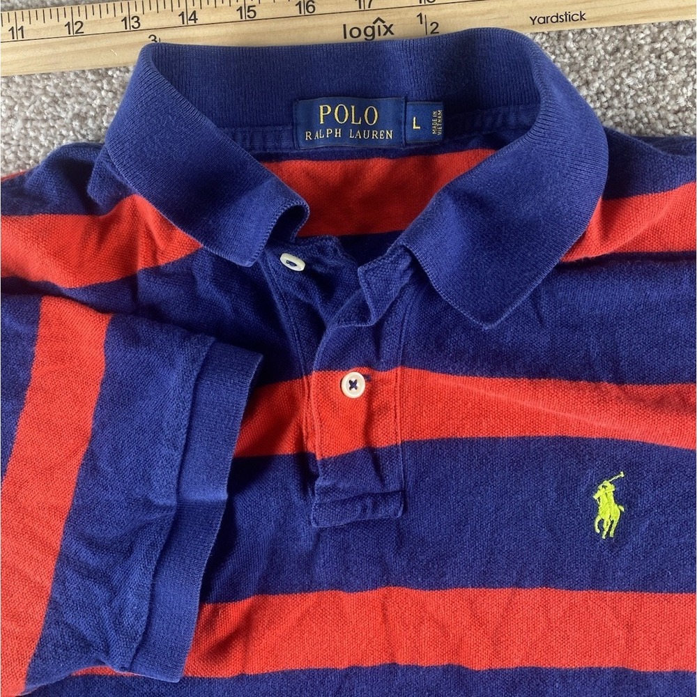 Polo Ralph Lauren Blue/Red Striped Polo Rugby Like Mens L Yellow Pony Cotton